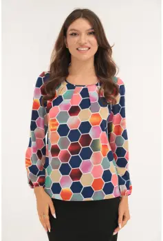 Bluza cu print geometric multicolor si cu pliuri la decolteu imagine