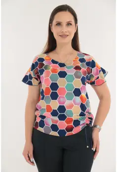 Bluza cu print geometric multicolor si cu siret lateral imagine
