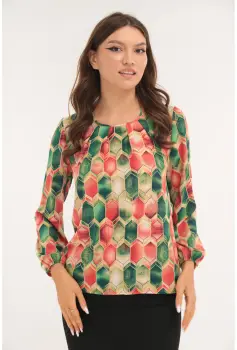 Bluza cu print geometric verde-corai si cu pliuri la decolteu imagine