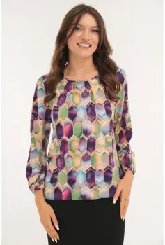 Bluza cu print geometric verde-mov si cu pliuri la decolteu imagine