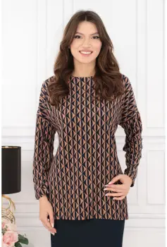 Bluza din bumbac cu print geometric negru-bej imagine