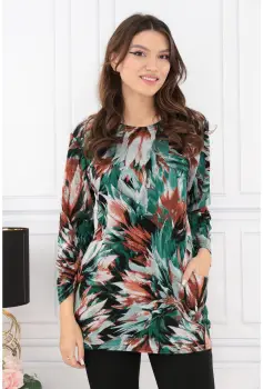 Bluza din jerse cu print floral caramiziu-turcoaz si buzunare imagine