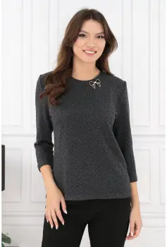 Bluza din lana gri-antracit cu fundita aurie la decolteu imagine