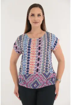 Bluza din vascoza cu print geometric multicolor si bordura la tiv imagine