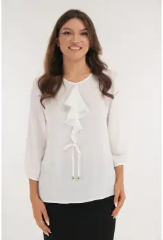 Bluza eleganta alba cu volan la decolteu imagine