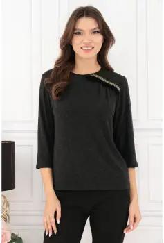 Bluza gri antracit cu blanita decorativa la decolteu imagine