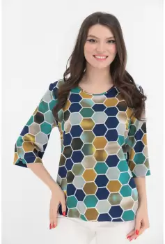 Bluza lejera cu romburi bleumarin si turcoaz imprimate imagine