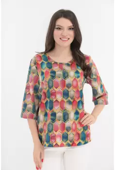 Bluza lejera cu romburi turcoaz si roz imprimate imagine