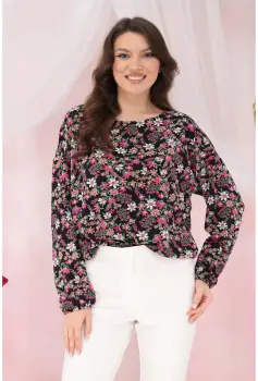 Bluza lejera neagra cu imprimeu floral roz imagine