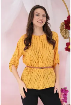 Bluza mustar cu imprimeu cu buline si curelusa in talie imagine