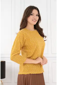 Bluza mustar tricotata cu buline albe imagine