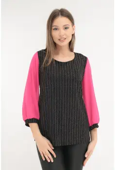 Bluza neagra cu glitter si maneci din voal roz imagine