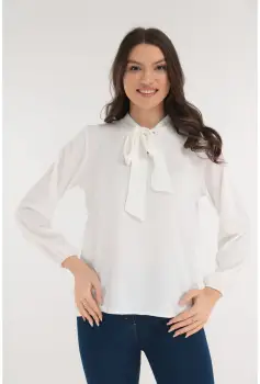 Bluza uni alba cu esarfa la decolteu imagine