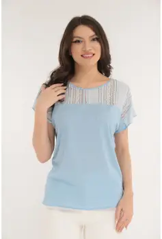 Bluza uni bleu cu insertii din dantela imagine