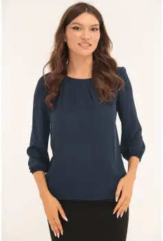 Bluza uni bleumarin cu pliuri la decolteu imagine