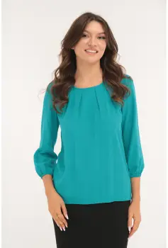 Bluza uni turcoaz cu pliuri la decolteu imagine