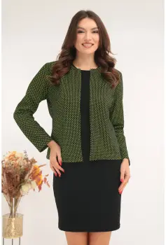 Costum - rochie neagra si sacou negru cu buline verzi imagine