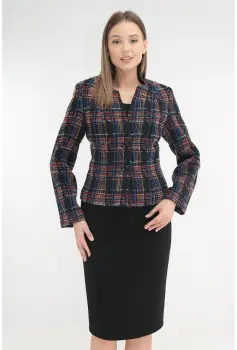 Costum - sacou cu model in carouri multicolore si fusta neagra imagine