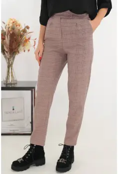 Pantaloni office bej cu model in carouri maro imagine