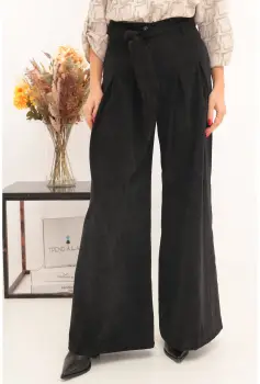 Pantaloni palazzo negri din catifea reiata imagine