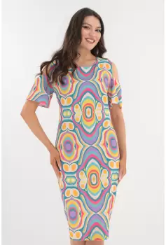 Rochie alba cu imprimeu multicolor si cu decupaje la maneci imagine