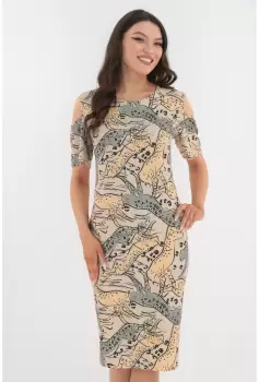 Rochie bej cu animal print si cu decupaje la maneci imagine