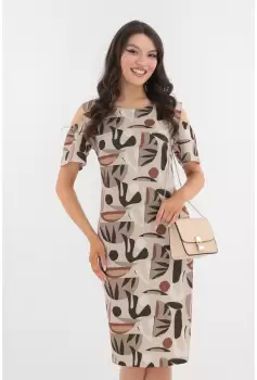 Rochie bej cu print abstract si cu decupaje la maneci imagine