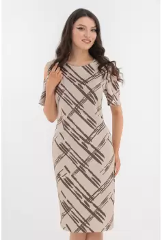 Rochie bej cu print geometric si cu decupaje la maneci imagine