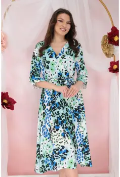 Rochie bleu cu print abstract negru-albastru si decolteu parte peste parte imagine