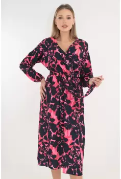 Rochie bleumarin cu print floral roz si decolteu parte peste parte imagine