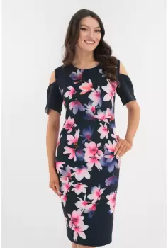 Rochie bleumarin cu print floral si cu decupaje la maneci imagine
