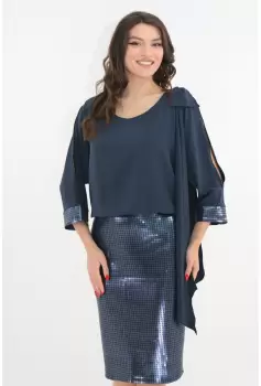 Rochie bleumarin de ocazie cu voal si paiete imagine