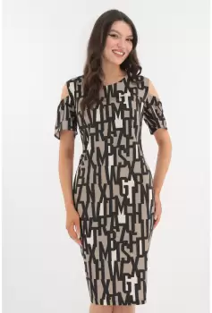 Rochie cafenie cu print abstract si cu decupaje la maneci imagine