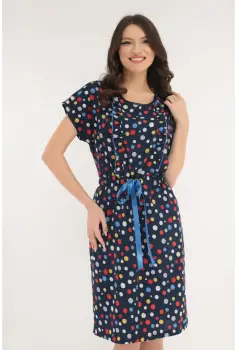 Rochie casual bleumarin cu buline imprimate si fundita satinata in talie imagine