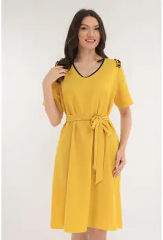 Rochie casual galbena cu volane si perle pe umeri imagine
