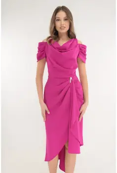Rochie ciclamen de ocazie cu volanase si tiv asimetric imagine