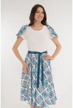 Rochie clos alba cu imprimeu abstract albastru imagine