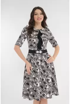 Rochie clos alba cu print abstract negru imagine