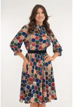 Rochie clos cu print geometric bordo-bleumarin imagine