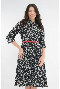 Rochie clos neagra cu animal print si cu o curea rosie in talie imagine