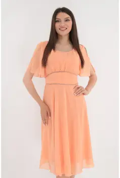 Rochie clos roz-piersica cu margelute argintii in talie imagine