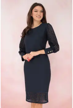 Rochie cocktail bleumarin cu maneci si tiv din dantela imagine