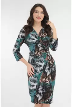 Rochie cocktail cu print abstract maro-turcoaz si accesoriu in talie imagine