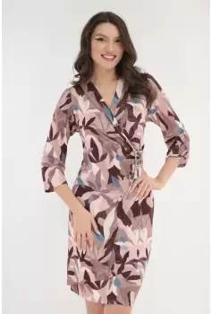 Rochie cocktail cu print floral maro-roz si accesoriu in talie imagine