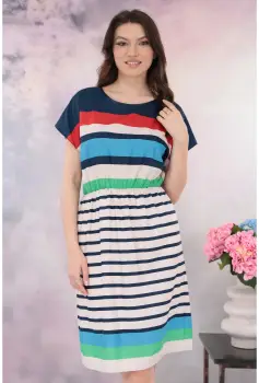 Rochie cu dungi multicolore si elastic in talie imagine