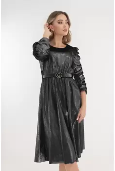 Rochie de ocazie din catifea cu glitter si fronseuri pe maneci imagine