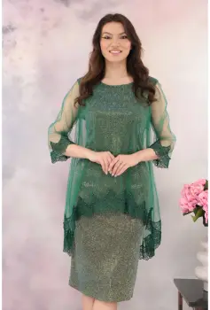 Rochie de ocazie din lurex cu pelerina din tulle si broderie verde imagine