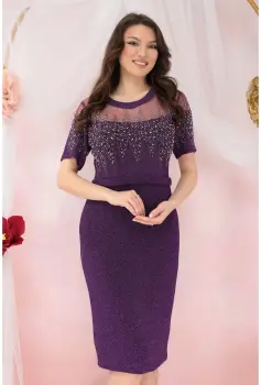 Rochie de ocazie din lurex mov cu strasuri si tulle la decolteu imagine