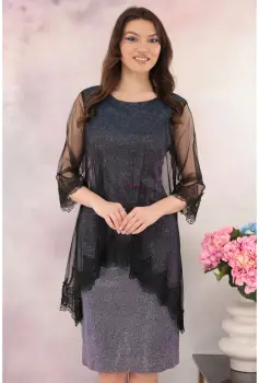 Rochie de ocazie din lurex violet cu pelerina din tulle si broderie negre imagine