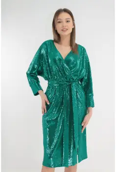 Rochie de ocazie verde-smarald cu paiete si decolteu suprapus imagine